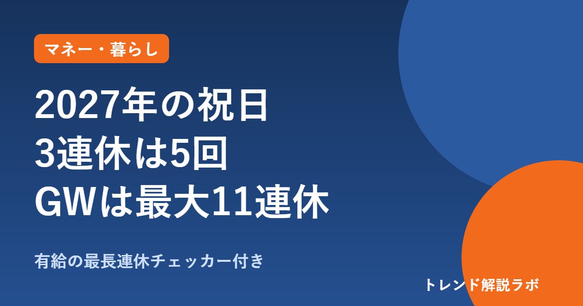 2027年の祝日一覧｜3連休は5回、GWは有給3日で11連休【有給の最長連休チェッカー付き】