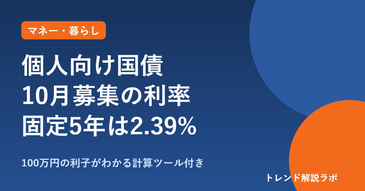 個人向け国債10月募集の利率は固定5年2.39%｜3種とも2%超、100万円の利子は？【利子計算ツール付き】